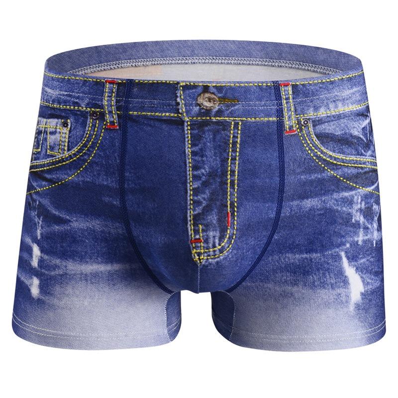 Módní pánské boxerky s potiskem inspirovaným džínovinou Trendy značkové slipy se středně vysokým pasem Prodyšné šortky ve stylu džínoviny