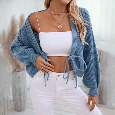 Women's Sweater Autumn and Winter V-neck Loose Solid Color Short Lace-up Sexy Knitted Sweater Cardigan for Women