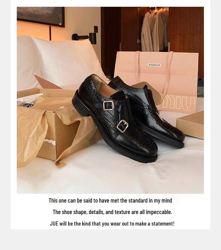 Women's Retro British-Style Genuine Leather Brogue Loafers with Round Toe and Chunky Heel for Autumn/Winter