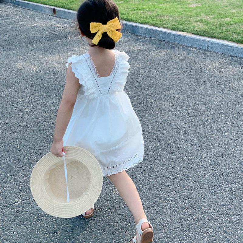 Barn Jenter Hvit bomull Tynn Kjole Sommer Blonder Prinsesse V-hals Kjoler Barn Baby Bryllupsfest Vestidos