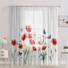 2PC Watercolor Red Poppy Daisy Butterfly Sheer Curtains - Boho Chic Light Filtering Window Drapes for Bedroom LivingRoom  Decor