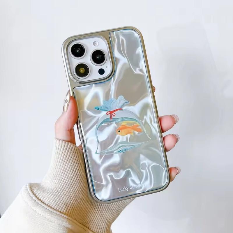 Cute Luck Goldfish Bag Water Ripple Silver Border Drop Glue Shock Proof Phone Cover Case for iPhone 17 16 15 14 Pro Max