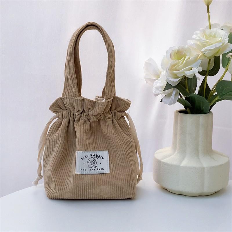 Vintage Damen-Kord-Handtasche Lässige Zugbeuteltasche Unifarbene Geldbörse Aufbewahrungstasche Kosmetiktasche
