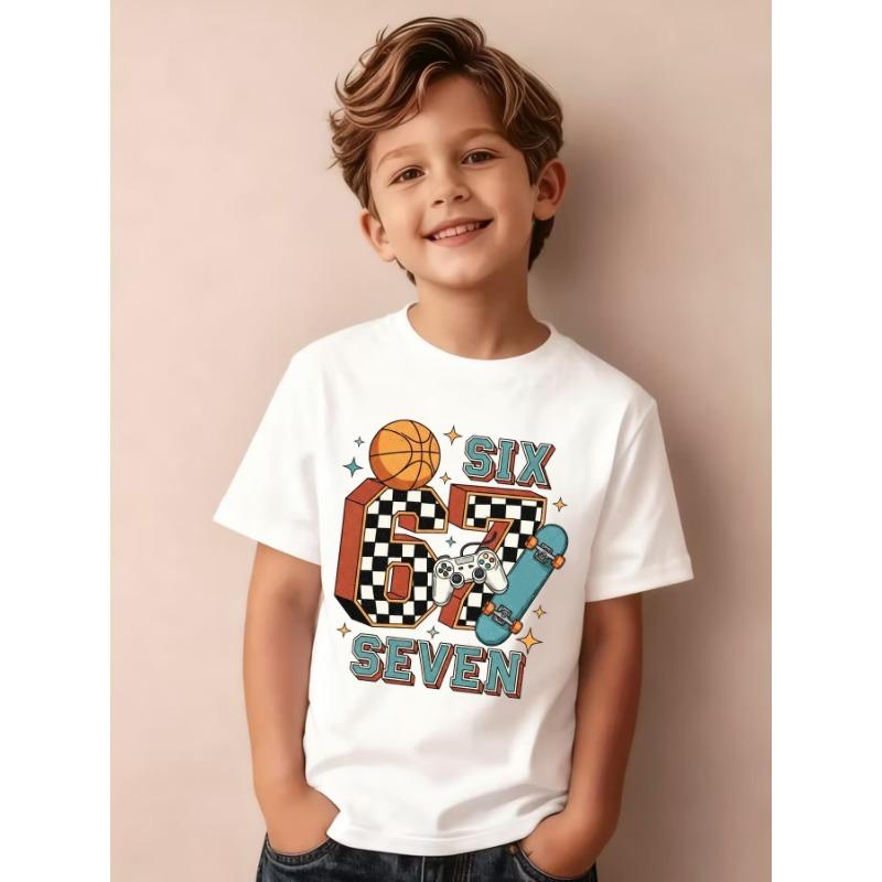 European sizes Summer Boys  Fashion Short-Sleeve T-Shirt SIX SEVEN  67  Game Console, Basketball, Skateboard Cartoon Print Outdoor Casual Top 110 белый