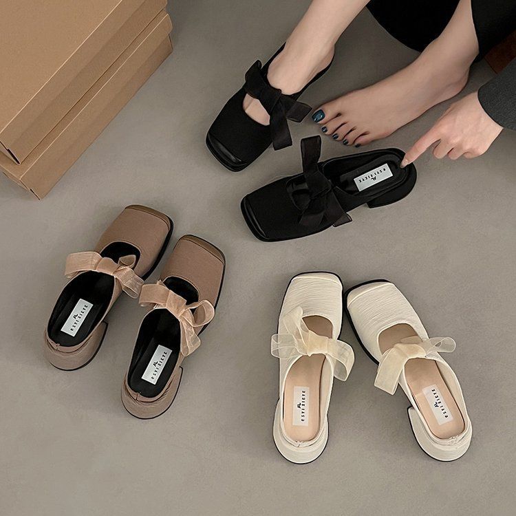 2025 Spring and Summer New Bag Head Cool Slippers Women's Outer Wear Square Head Korean Version Thick Heel Bow Versatile Lazy Half Slippers