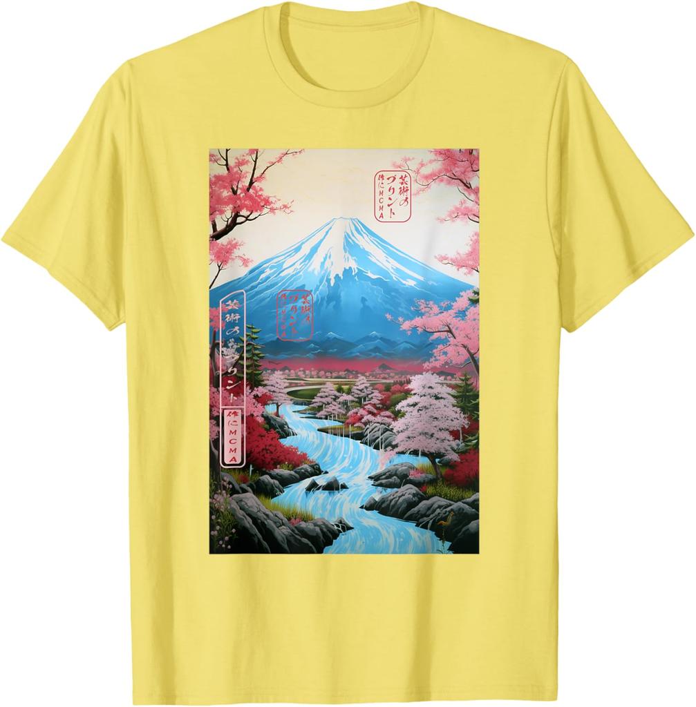 Mount Fuji Ukiyoe Cherry Blossom Graphic TShirt Soft Cotton Casual Short Sleeve Tee for Men
