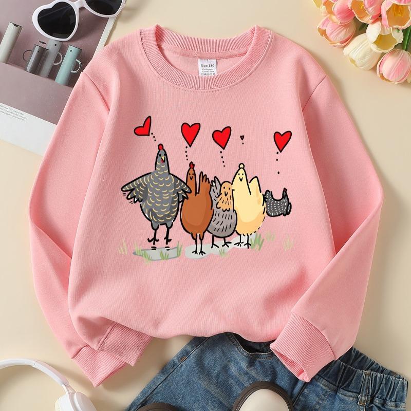 Kids Crew Neck Sweatshirt, Love Birds Chickens Farmyard Fun Print, Soft Cozy Pullover for Autumn & Winter