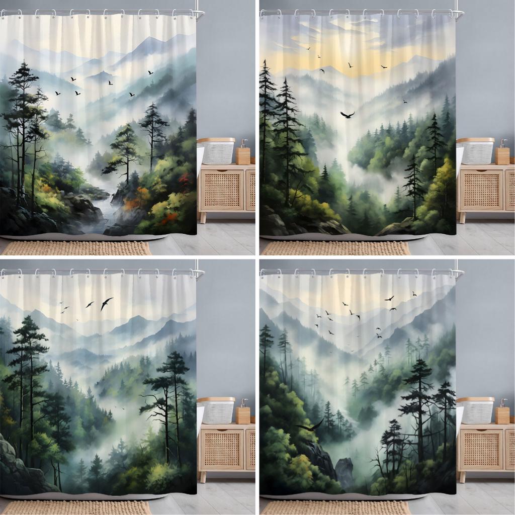 Misty Forest Watercolour Shower Curtain Geese Faraway Mountain Nature Landscape Fabric Shower Curtains Bathroom Decor with Hooks