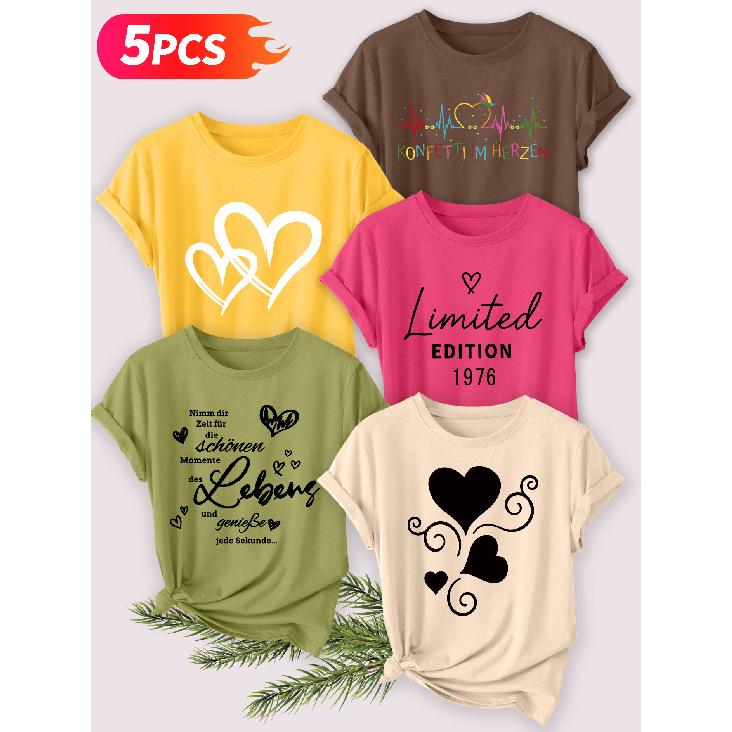 Five-piece set Elegant short-sleeved shirt for women Heart-shaped German series printed round-neck women's short-sleeve shirt suitable for spring and