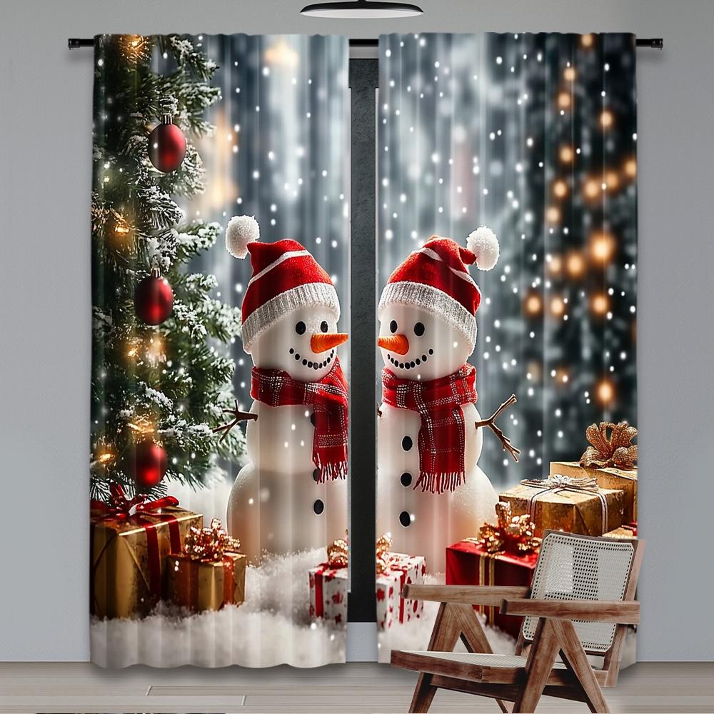 Flat Printing Happy Christmas Scene Curtains Day Snowman Tree Prints Digital Printed Polyester Drapes Set Of 2 Made