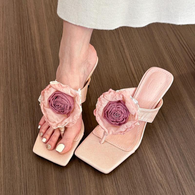 2025 Summer New Chinese Flower High Heel Versatile Sandals Women's Spring and Summer Toe Thin Heel Cool Slippers Women's Slippers