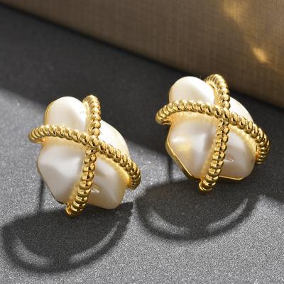 2026 Vintage Baroque Pearl Stud Earrings Twisted Rope Cross Wrap Gold Plated Niche Jewelry for Women