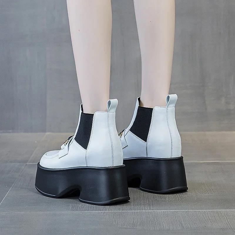 Fashion 11CM Genuine Leather Winter Plush  Platform Wedge Fashion Autumn Booties Women Boots Spring ELastic Babd Height Increasing Shoes