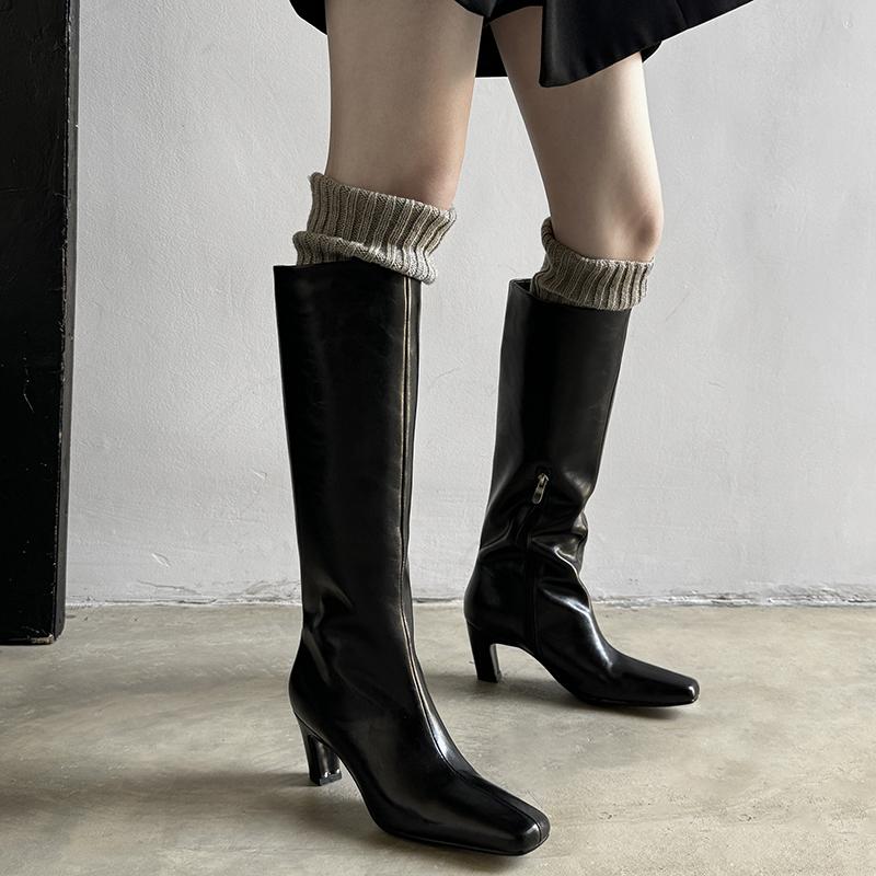 Fashion 2025 New Square Toe Women Boots High Heels Knee-high Boots Split Leather Fashion Party Ladies Shoes Female Women Boots