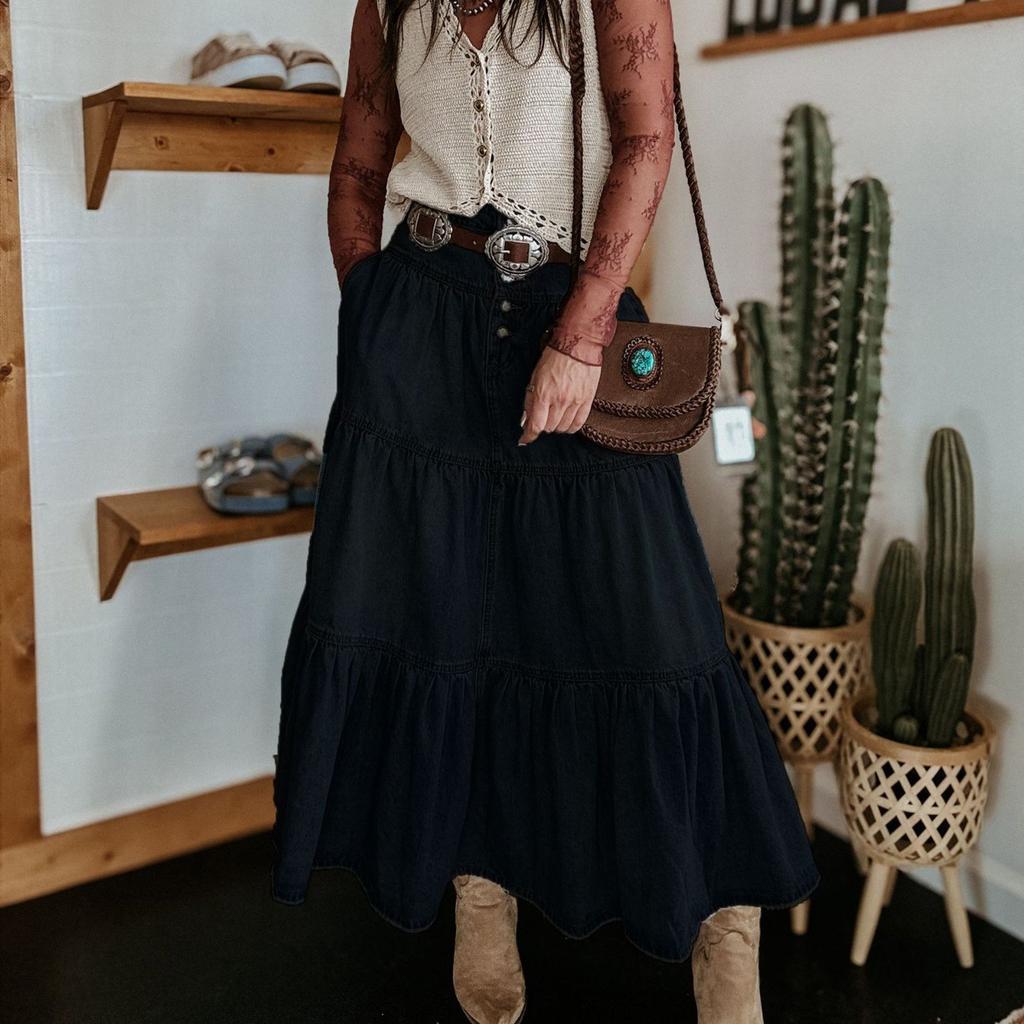 Women's Fashionable Retro Button High Waisted Long Denim Skirt