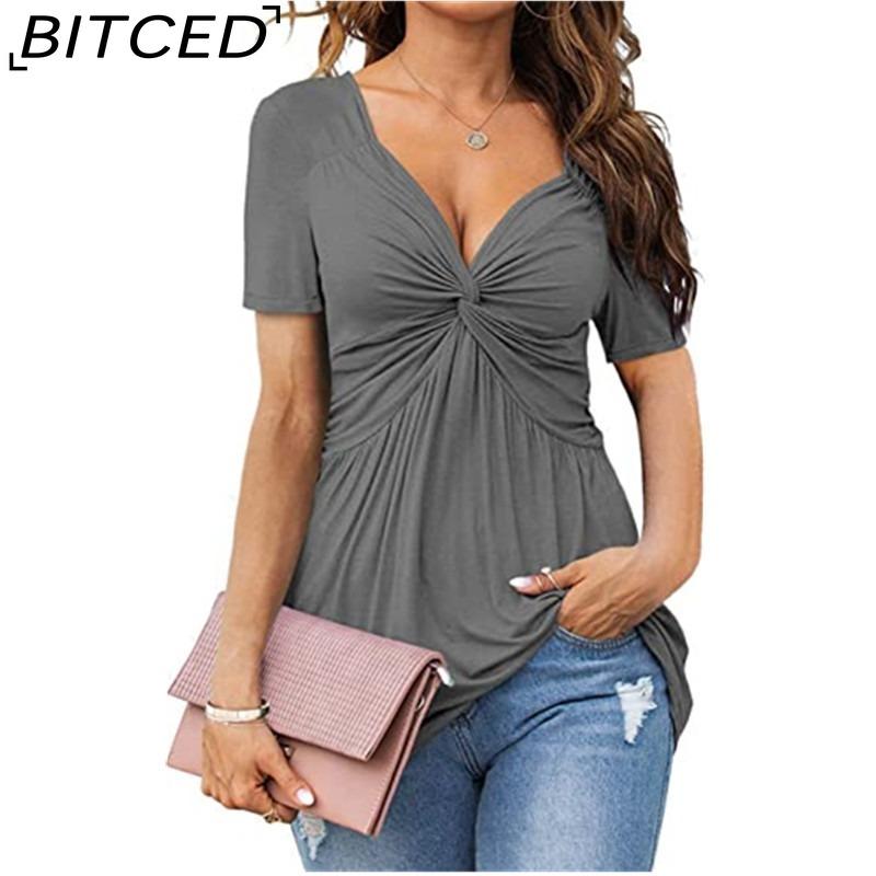 BITCED Women's V-Neck Front-Twist Short-Sleeved Elegant Casual T-Shirt Solid-Colour Pullover Top