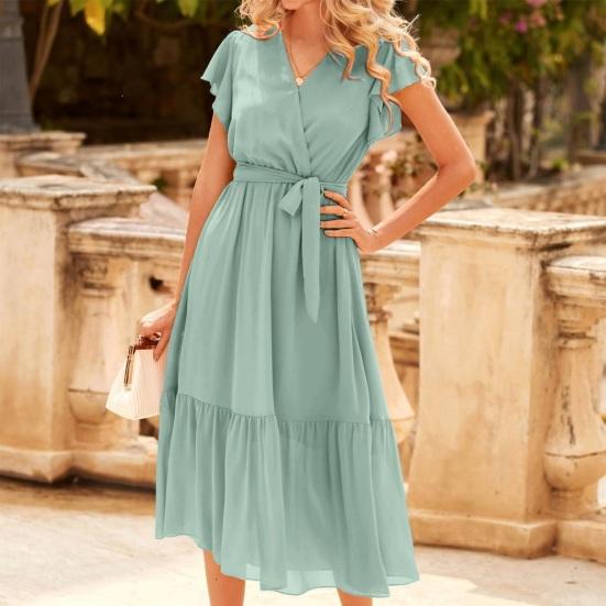 Women's Summer Midi Dress V Neck Ruffle Cap Sleeve Flowy Wrap Dress Boho Beach A-line Swing Sundress