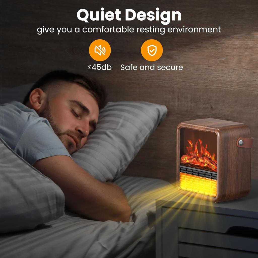 Small Portable Electric Fireplace Heater with 3D Flame, Thermostat, 1500W/750W PTC, Tip-Over Safety, Walnut