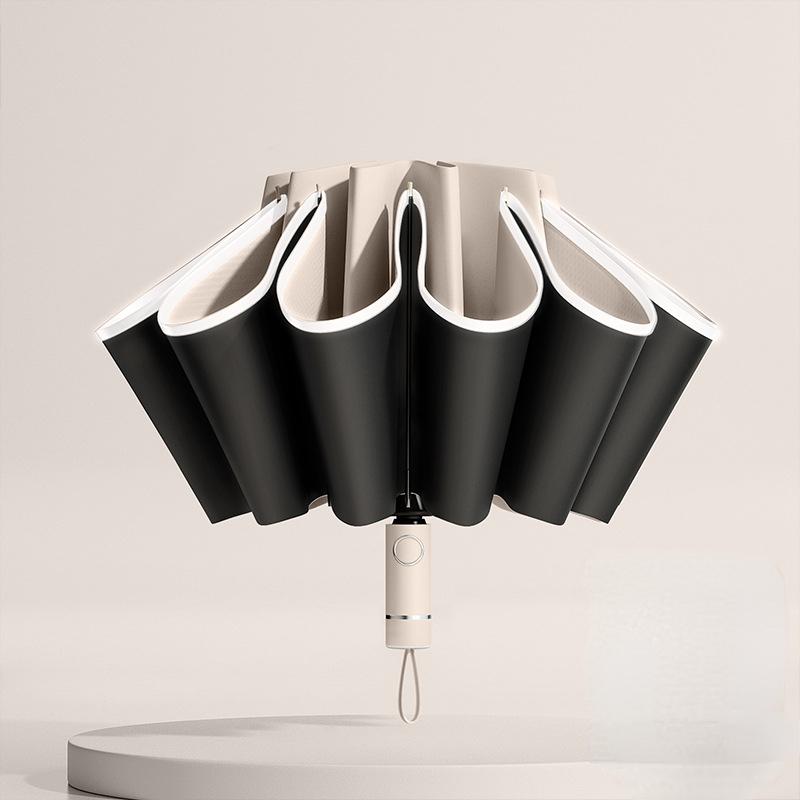 Automatic Reverse Folding Umbrella with Reflective Stripe Windproof UV Protection Large Travel Parasol