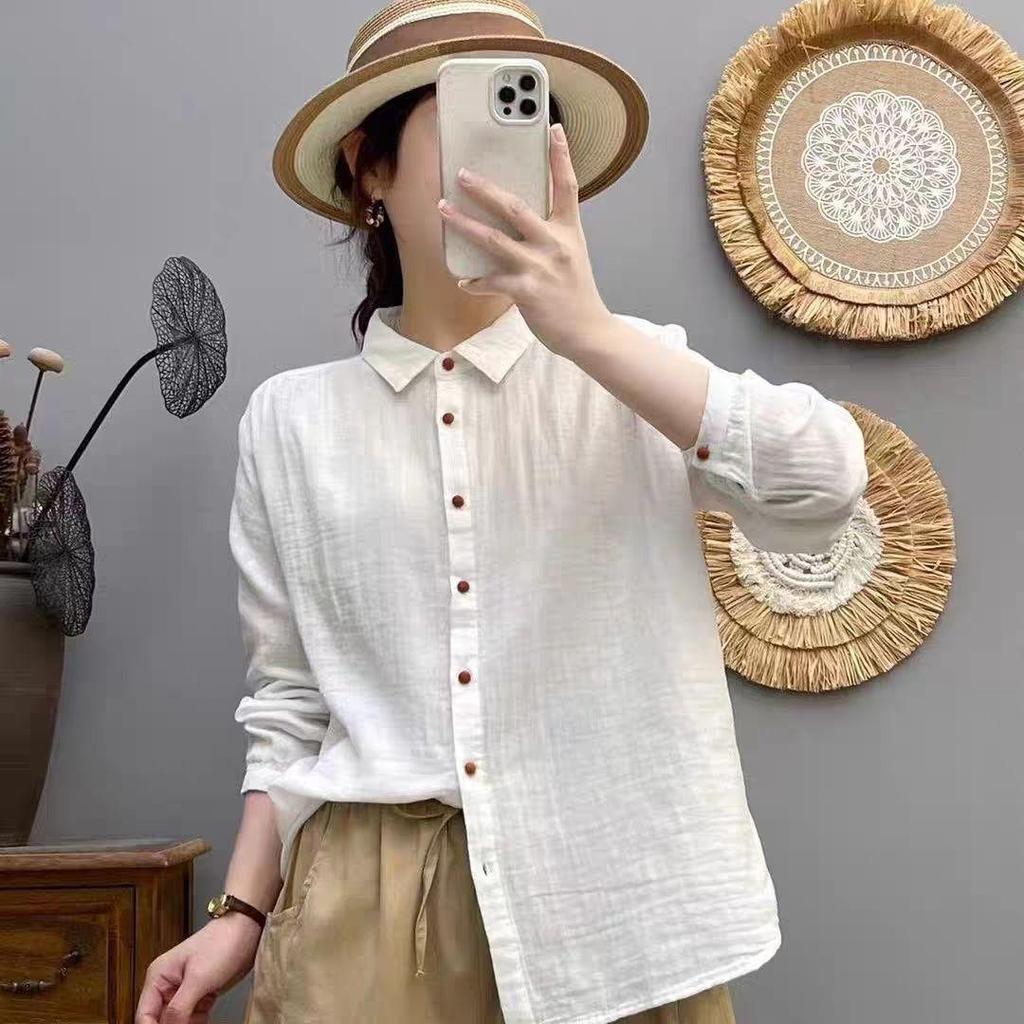 Women's Long-Sleeve Double-Layer Cotton Gauze Shirt with Colored Buttons and Turn-Down Collar for Spring and Autumn