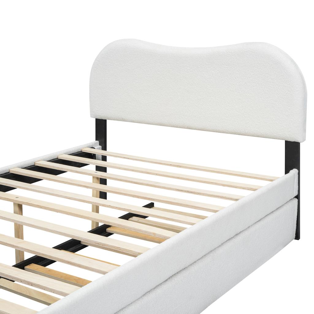 Letto piatto 140*200 cm, imbottito, con pratico letto estraibile su ruote, design minimalista, bianco