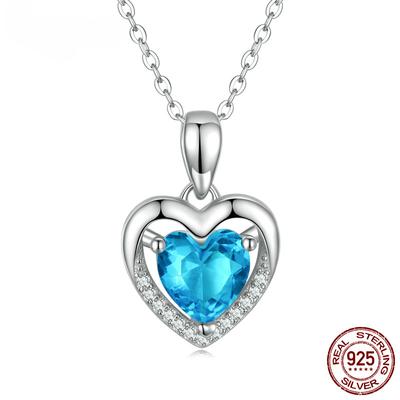 S925 S925 Sterling Silver Náhrdelník s přívěskem Love Heart Modré čiré křišťálové náhrdelníky pro ženy Stříbrné jemné šperky dárek