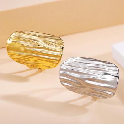 Adjustable Wide Band Geometric Textured Stainless Steel Ring for Women
