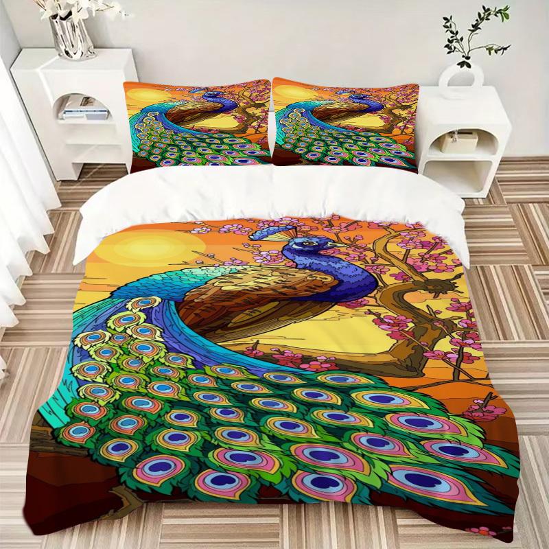 3pcs Peacock Feather Duvet Cover Set - Includes 1 Duvet Cover and 2 Pillowcases, No Quilt Core, All-Season Home Decor yy251111084