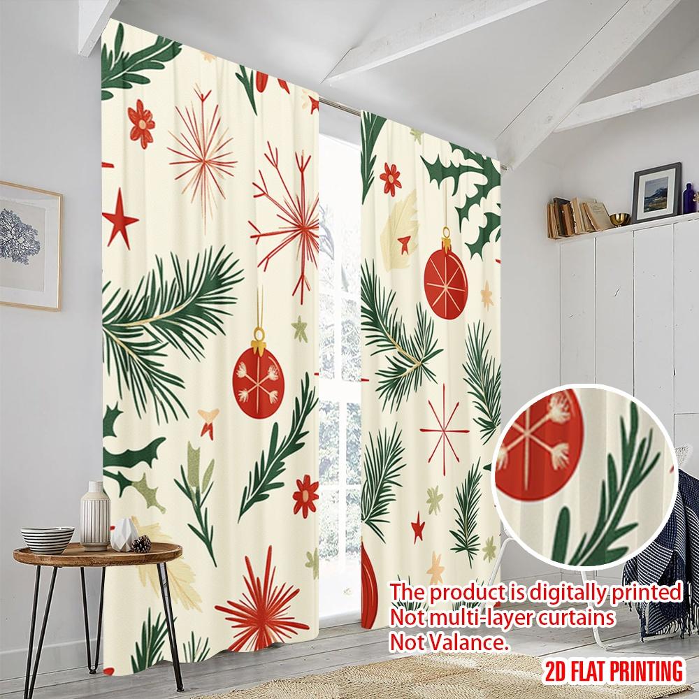 2pcs,2D Plane Printing Curtains Digital Printed Christmas Baubles Pine Branches Stars (4) 100% Polyester (without Rod) All