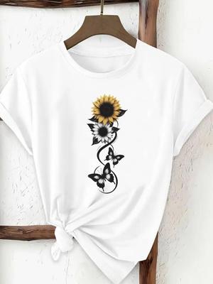 (Asian Size) Print Tee Top Sweet Flower Trend 90s Women Woman Fashion Clothing T Shirt  Female Short Sleeve Graphic T-shirts