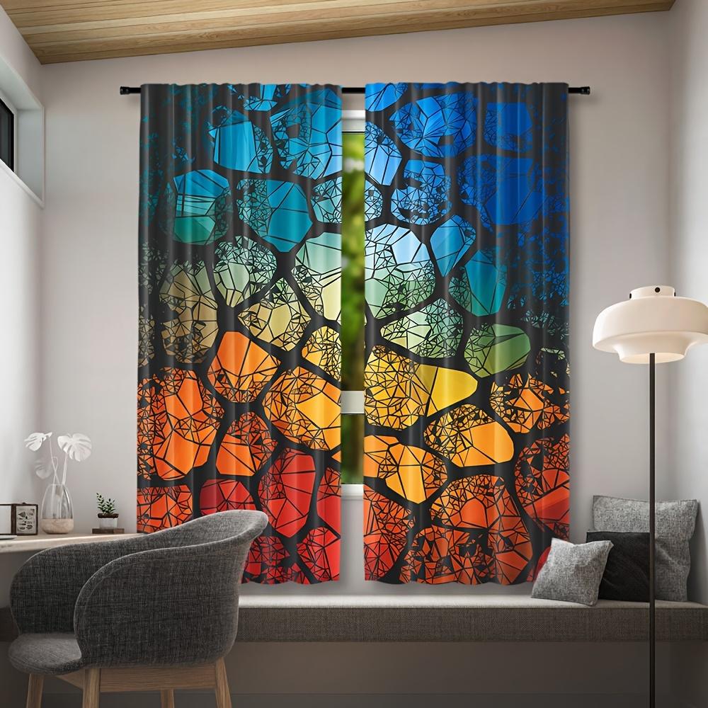 2pcs Modern Polyester Curtains   Colorful Glass Stained Pattern   Rod Pocket   Machine Washable   Woven Decorative Drapes for Bedroo