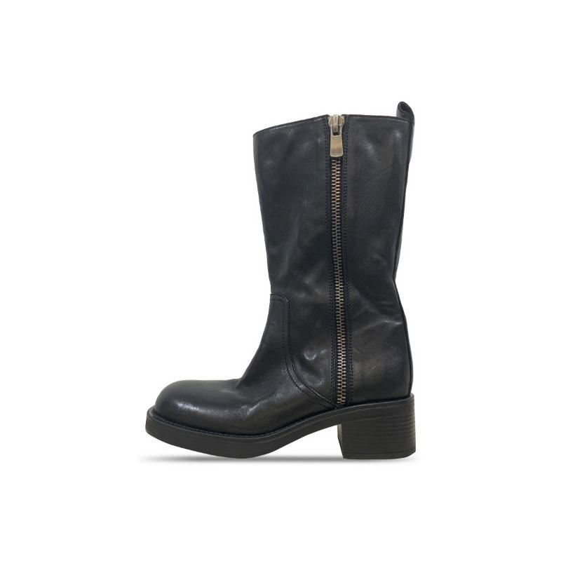 Washed cowhide retro autumn and winter knight boots women's medium boots British thick heel square head leather side zipper Martin boots