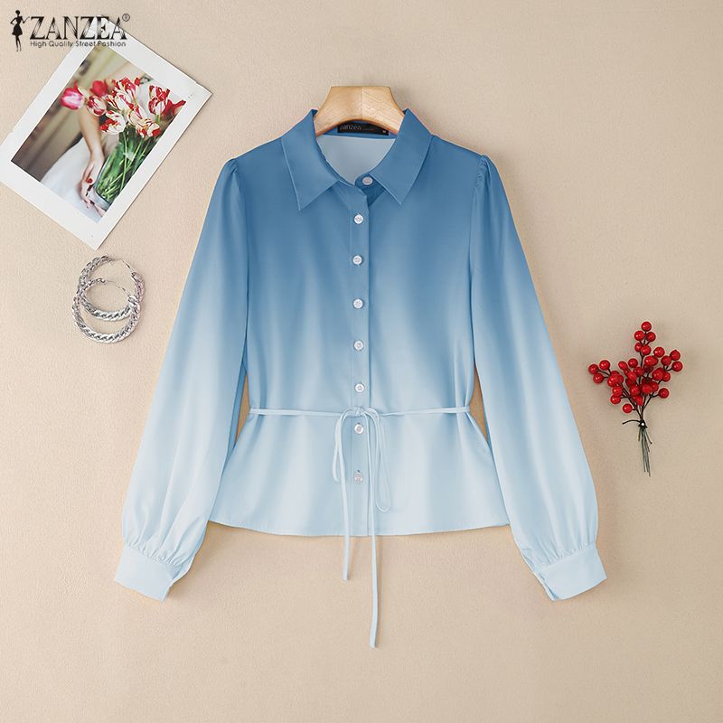 ZANZEA Women Casual Turn Down Collar Gradient Print Loose Long Sleeve Blouse