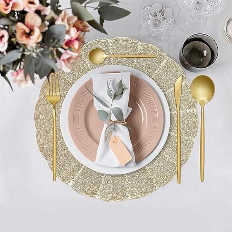 6 Stück Tischsets Set Rund Gold Vinyl Leicht zu reinigen Rutschfest Hitzebeständig 15" für Esstisch Hochzeitsfeier Festival