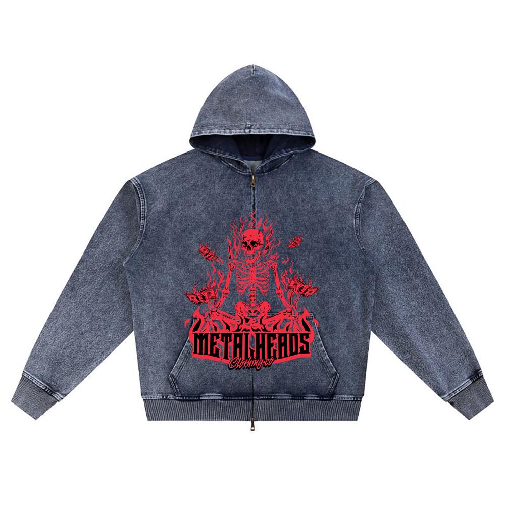 DTG print Knitted Denim Zip-Up Hoodie Metalheads Brother Print Zipper Hoodies  