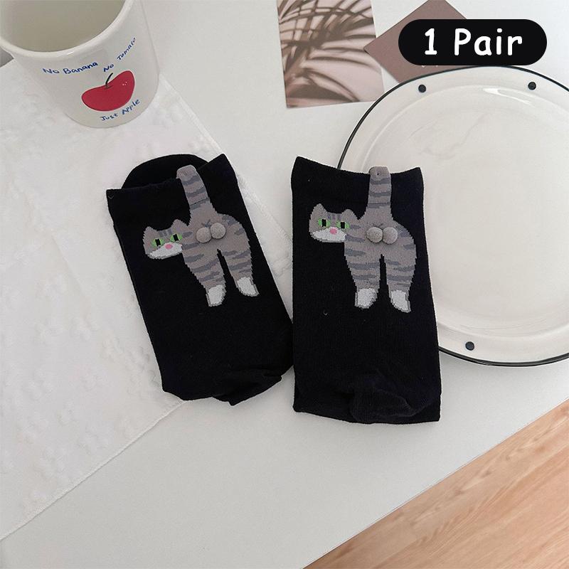 Damskie skarpetki z kreskówkowym kotem, dzwoneczkiem i pomponem, na lato, z bawełny, słodkie, japońskie, zabawne, sportowe, średniej długości, 36-42