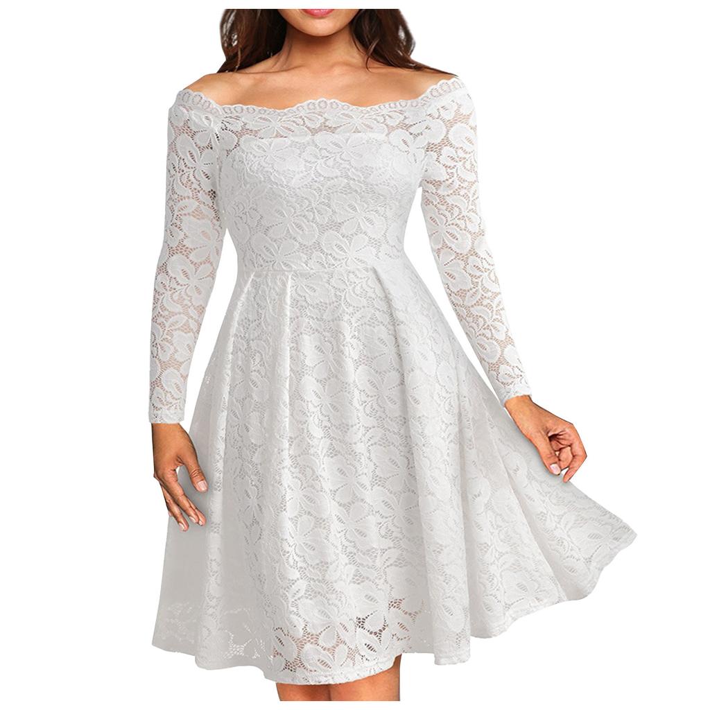 Women's  Casual Fasion Solid Color Strapless Hollow Out Long-sleeve Waist A-line Big Swing Lace With  Dress