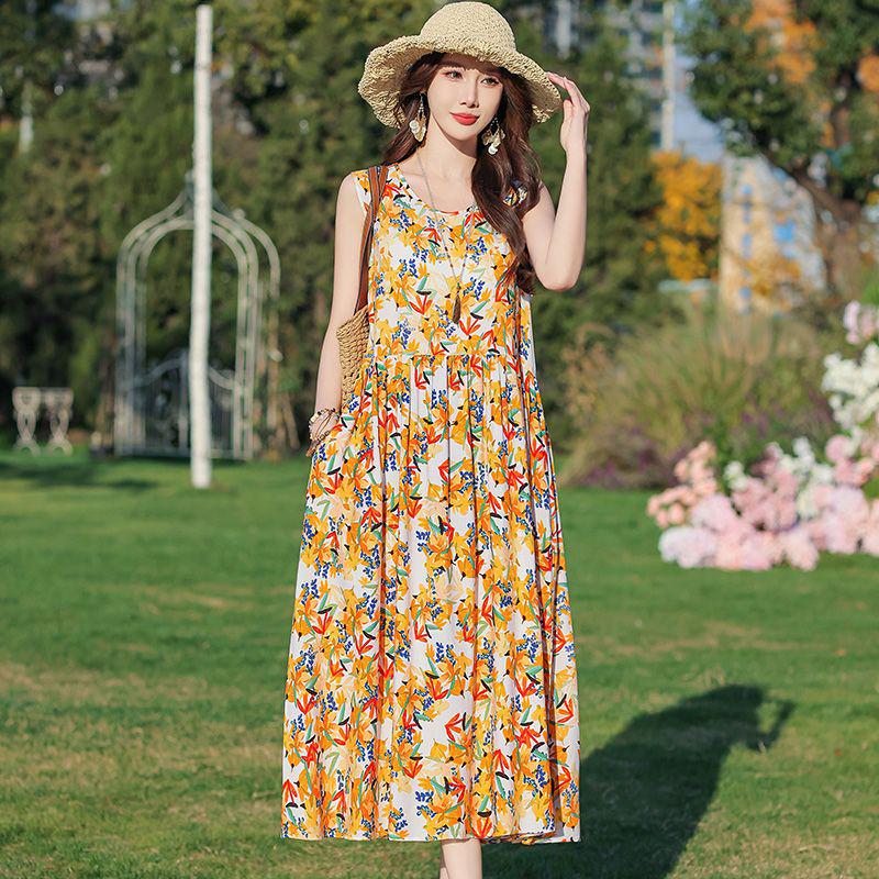 Elegant Plus Size Floral Cotton-Silk Sleeveless Summer Dress