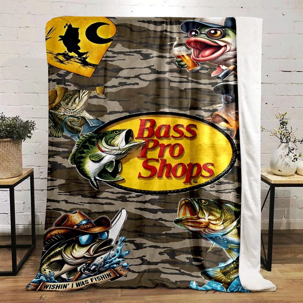 Camouflage with Cartoon Fish, Fishing Gear, and Bass Pro Shops Logo. for All Seasons Blanket Lunch Break Throw Gift