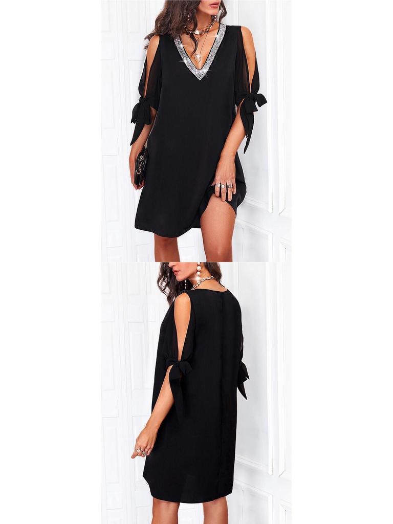 2026 Spring/Summer Plus Size Off-Shoulder V-Neck Sequin Chiffon Dress