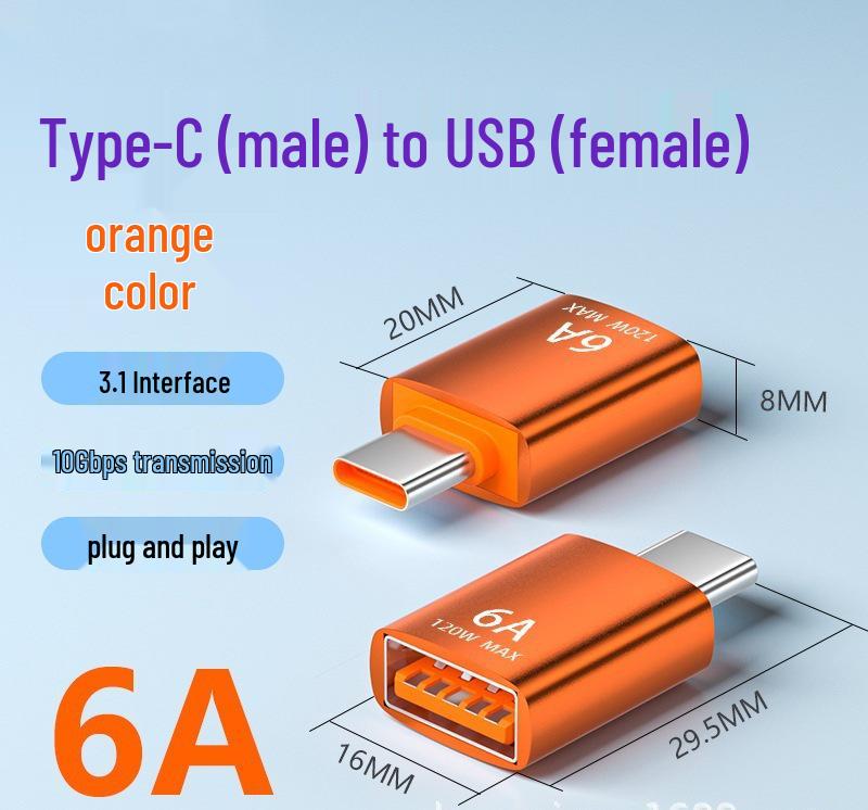 USB-C to USB 3.1 OTG Adapter, 6A Fast Charge & Data Transfer, Gold Aluminum for Mobile Phones