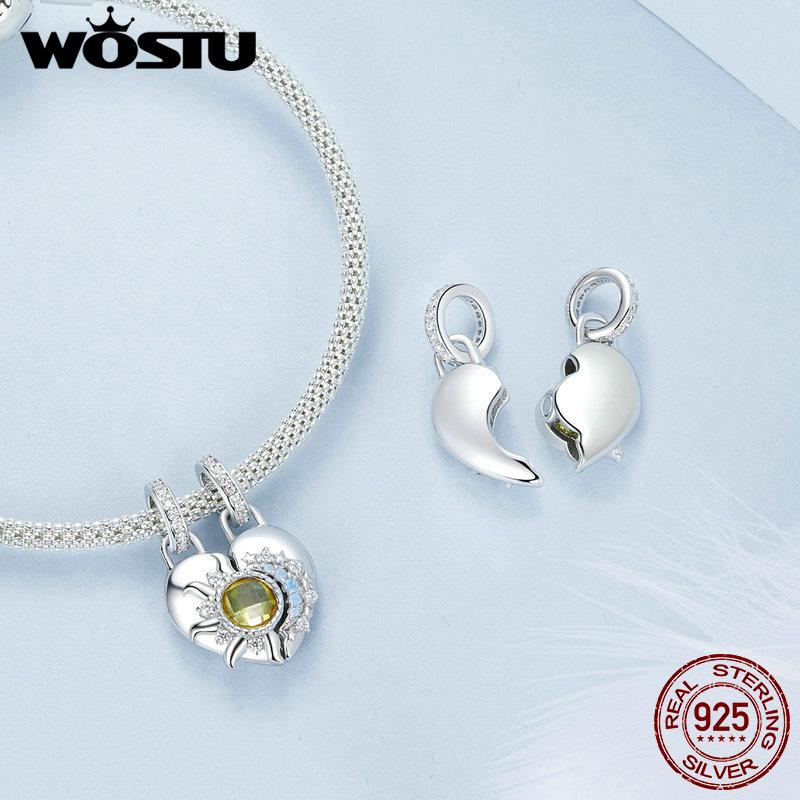WOSTU 925 Sterling Silver Sun and Moon Charms Detachable Crystal Pendant Yellow Bee Bead Fit Original Bracelet DIY Jewelry Gifts