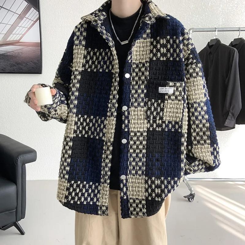 Fashion Loose Spell Color Grid Single Breasted Lapel Jacket Men's Spring Autumn Casual Jacket Pockets