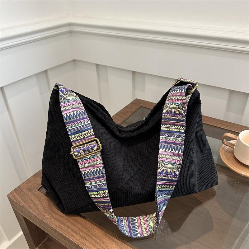 Corduroy Bag Female Student Commuter Bag Wide Shoulder Strap Stylish Large Capacity One Shoulder Messenger Tote Bag