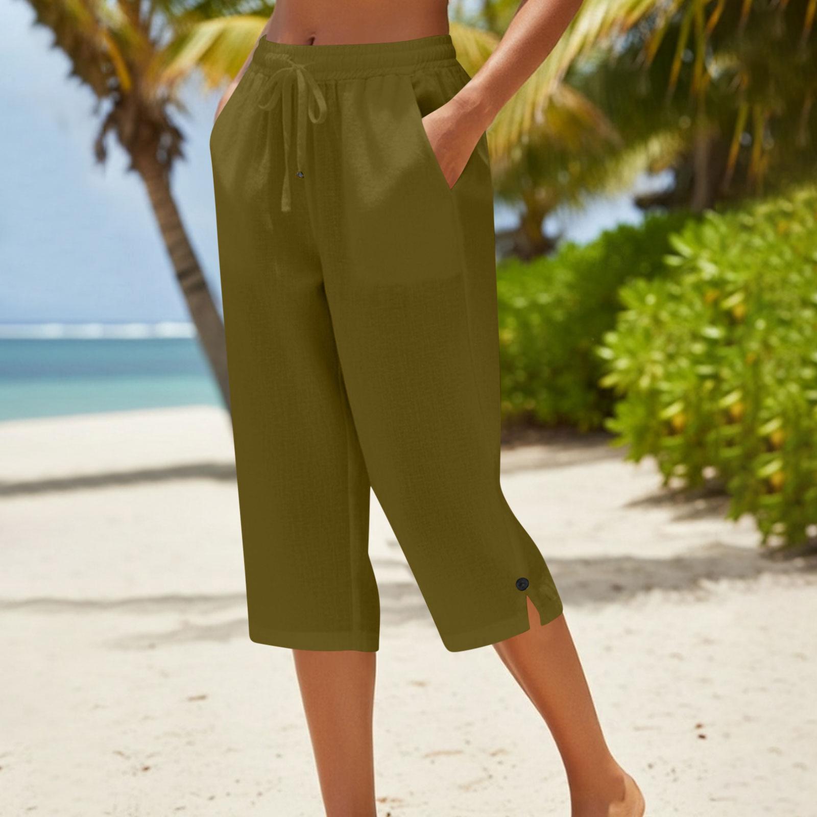 Women s -color Cotton And Linen Three-quarter Length Pants L кофейный