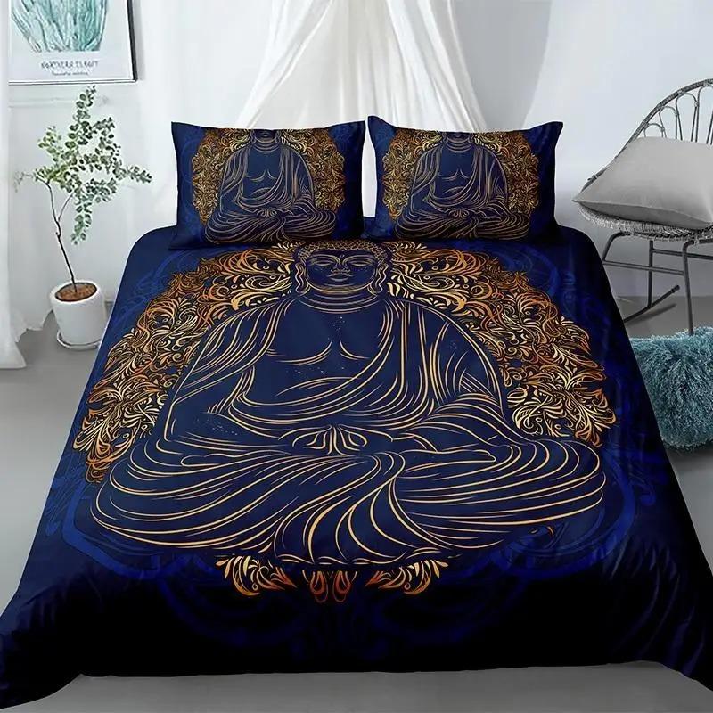 Buddha Duvet Cover Set King Size Exotic Ethnic Bohemian Bedding Set Microfiber Golden Buddha Statue Print Gorgeous Quilt Cover