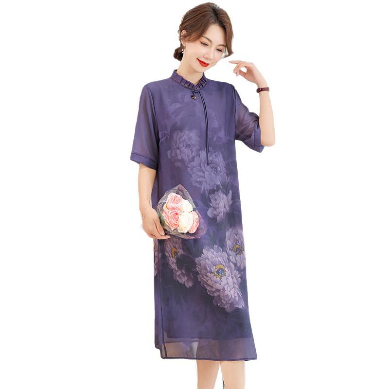 Mom's Stylish 2026 Summer Chinese Qipao Dress: Modern Short-Sleeved Chiffon for Middle-Aged & Elderly Women