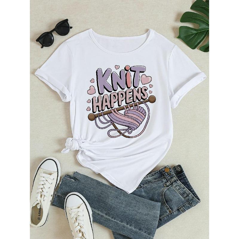 European Size Women'S Casual Knit Happens Graphic T-Shirt - White Short Sleeve Crew Neck with Colorful Yarn & Heart Design