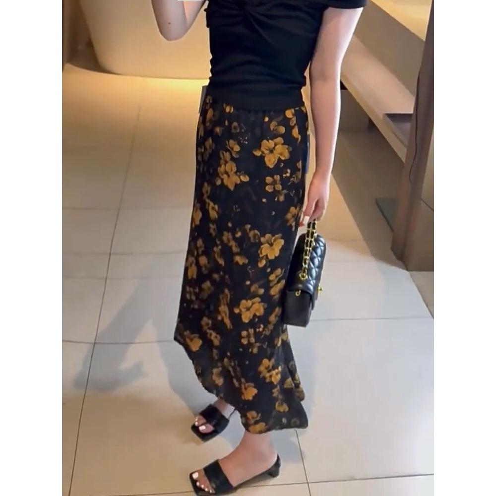Women's High Waist Floral Print Chiffon Mermaid Hem Slim Fit Midi Casual Long Skirt