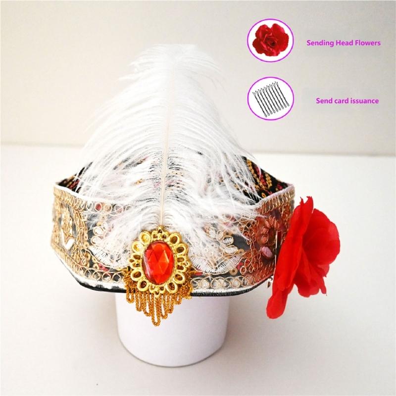Uyghur Nationality Hat With Embroidery Pattern And Feathered For Women Cosplay Parties And Carnivals Cultural Festival